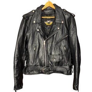 Vintage 90s Black Leather Motorcycle Jacket With Belt Zip Out Liner